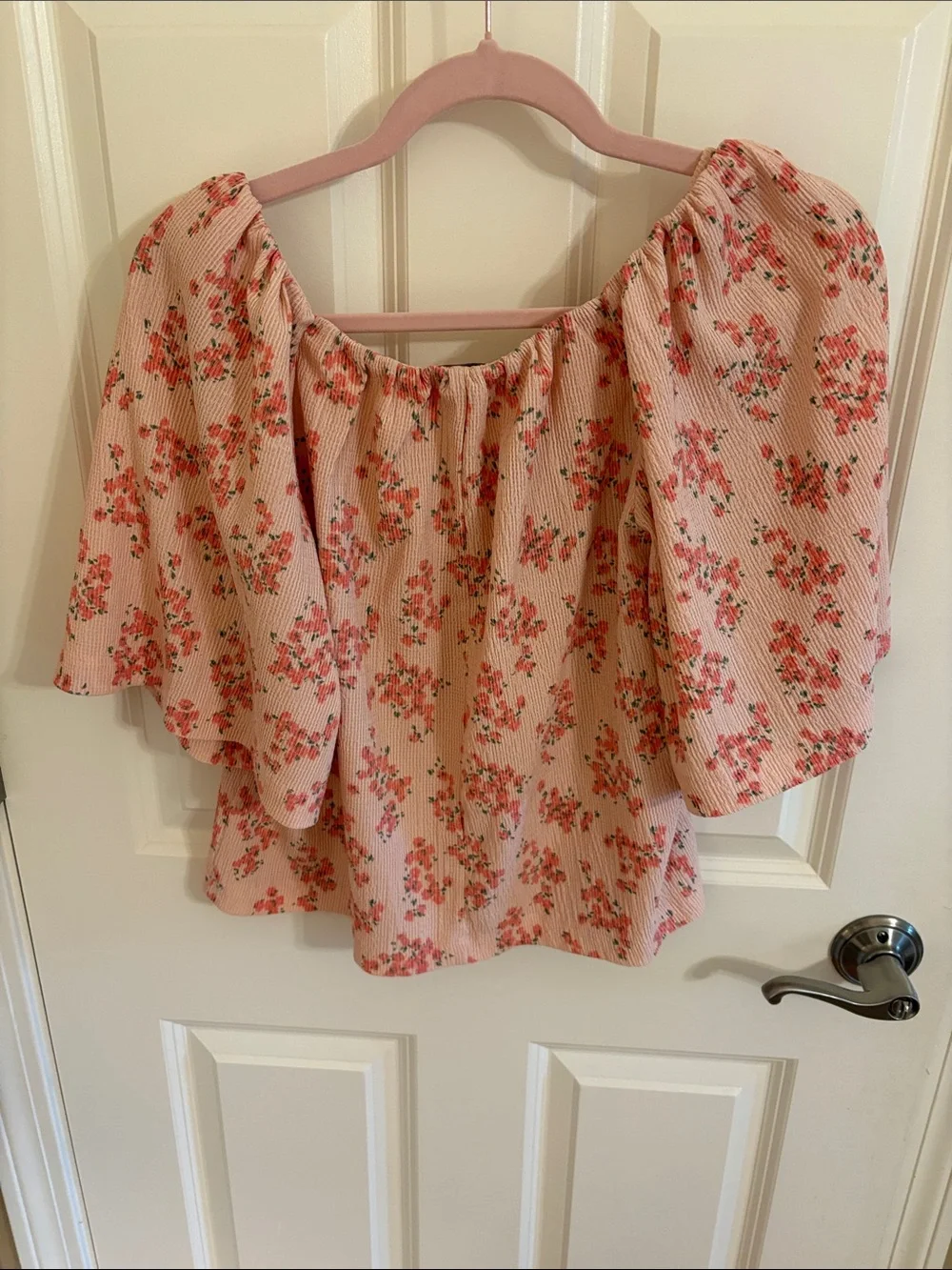 LOFT Blush Pink Floral Square-Neck Puff Sleeve Top